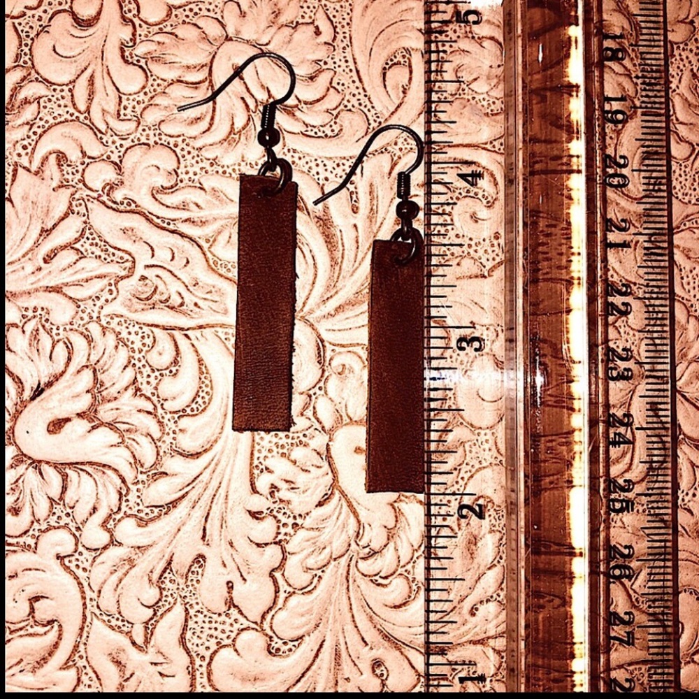 NATURAL LEATHER BAR EARRINGS BROWN LONG NEW HANDMA - Picture 4 of 4